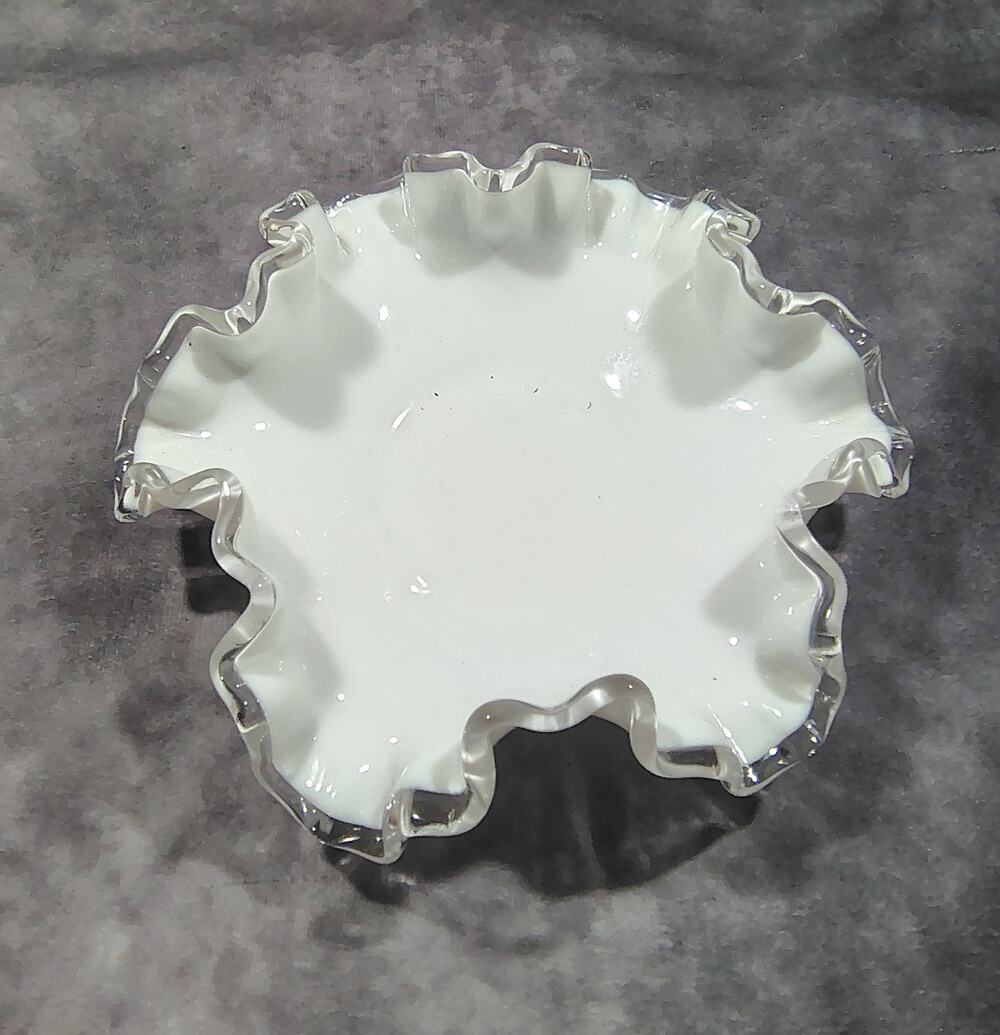 Vintage Fenton Silver Crest White Milk Glass 6" Bowl with Ruffled Edge